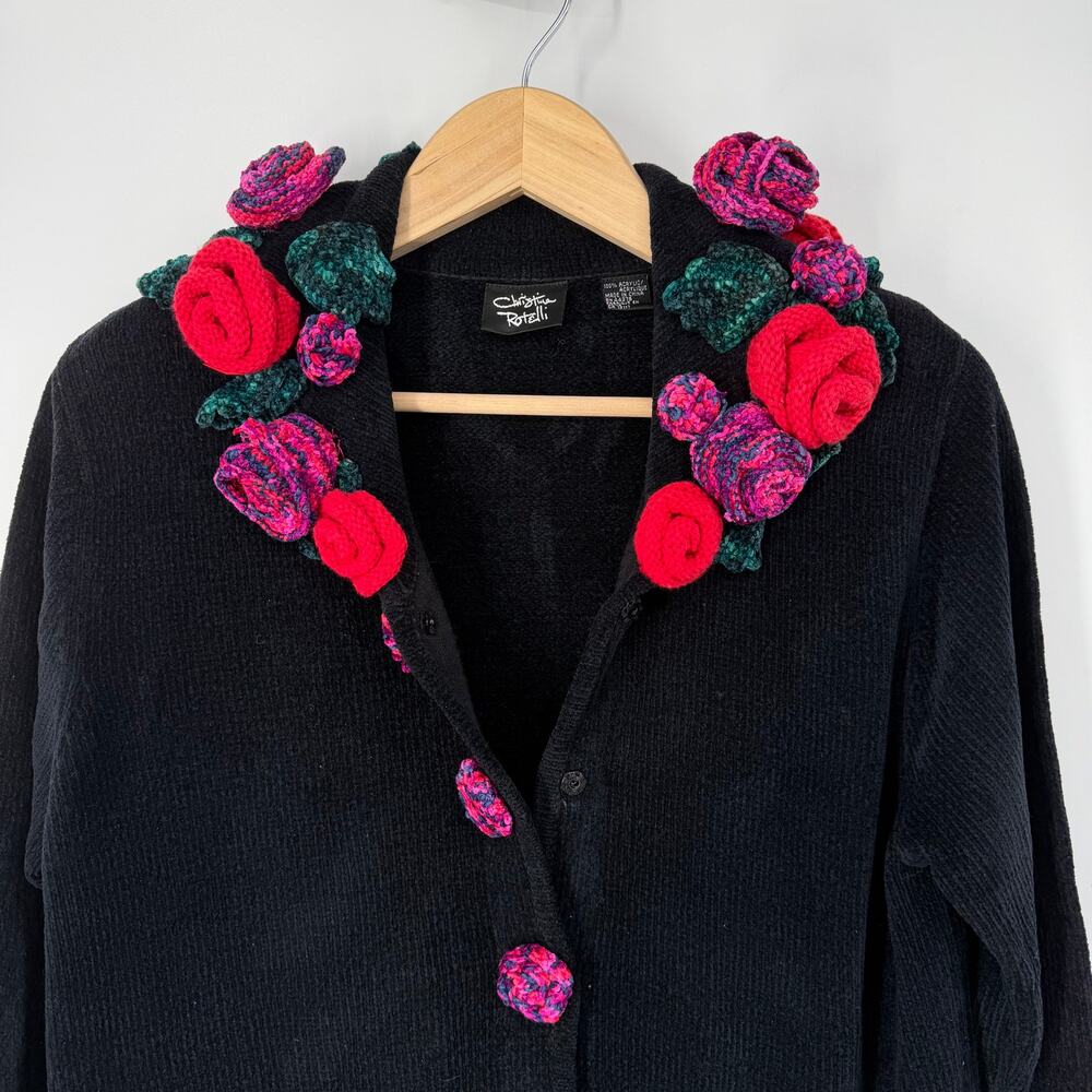 Christina Rotelli Vintage 90's Cardigan Floral Rosette Chunky Chenille Sweater - Picture 12 of 13